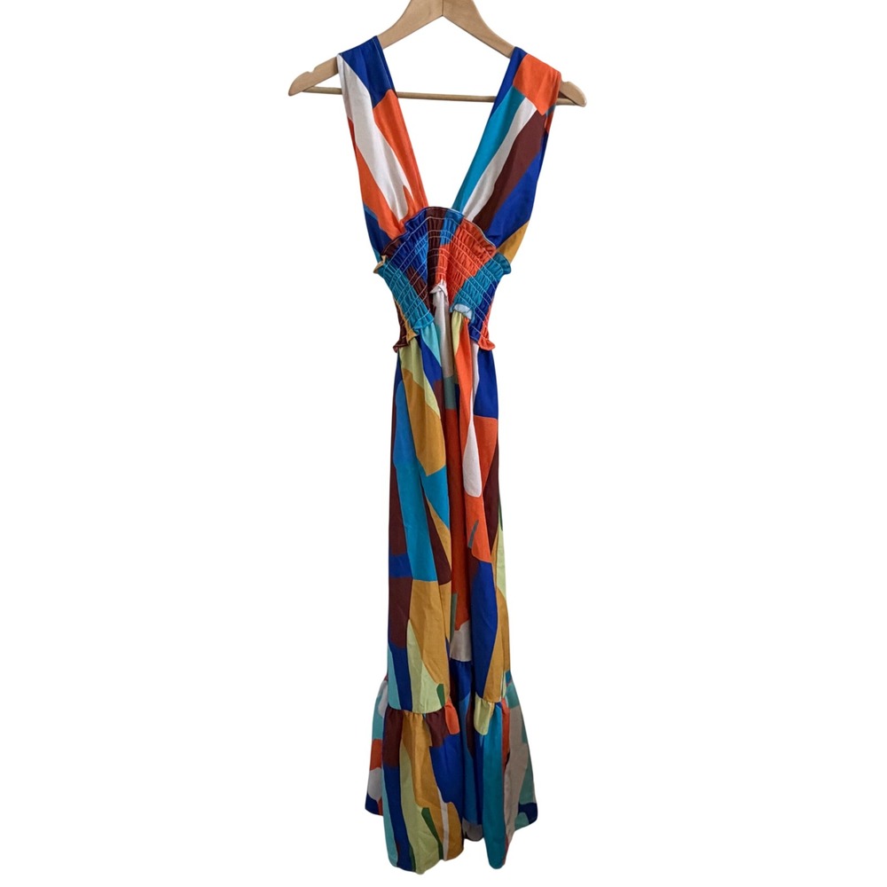 SundayUp Women Abstract Geometric Print Smocked Maxi Dress Blue Orange Small